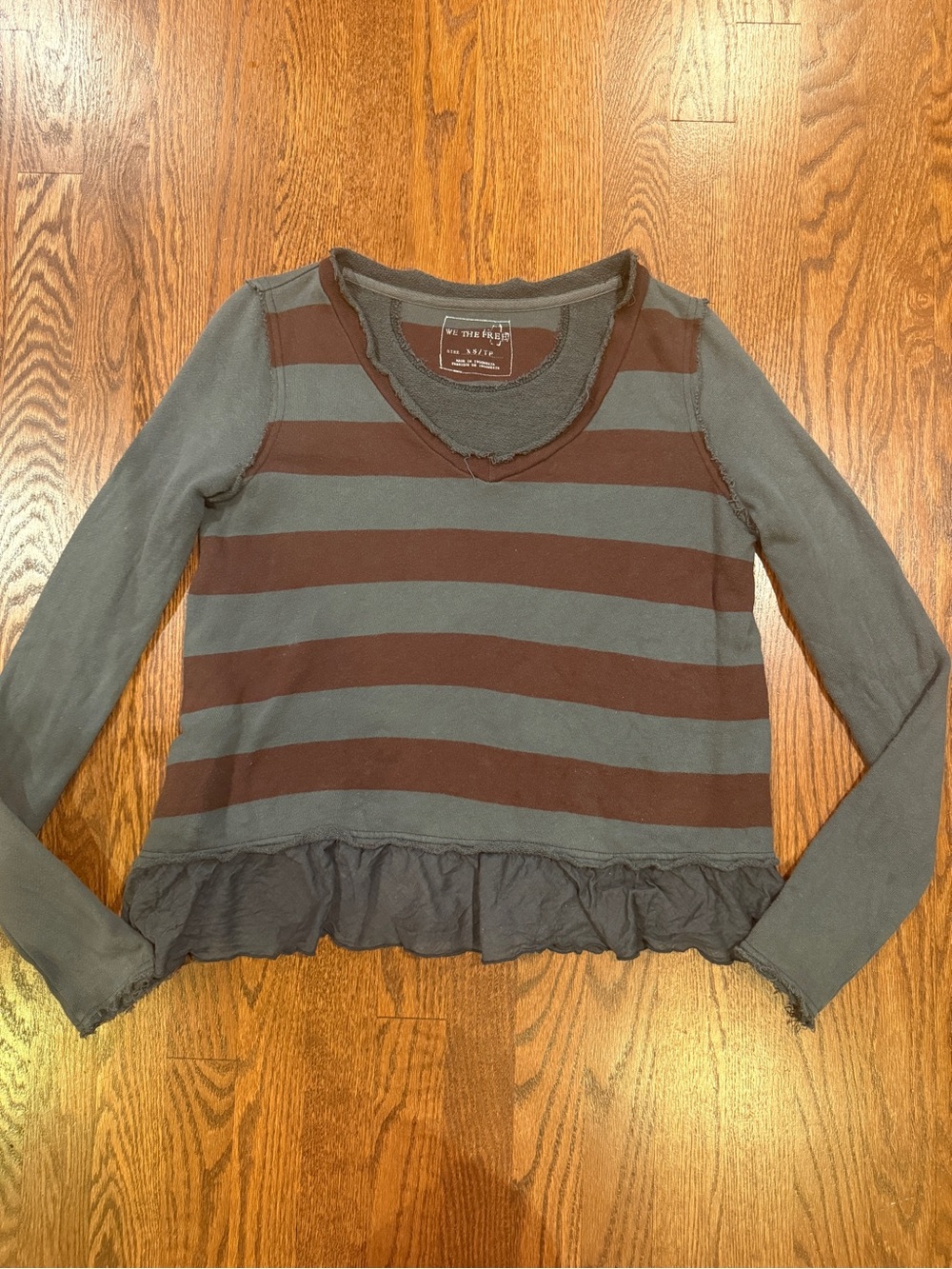 Free People Oversized Striped Gray and Burgundy Long Sleeve Ruffle Hem Top